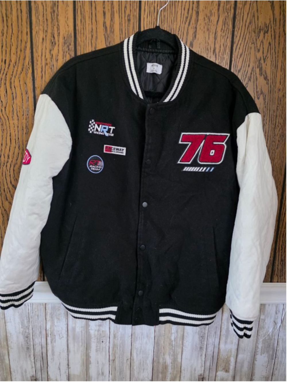 Women's Ardene Varsity Racing Jacket Med Black White Red - Picture 7 of 7